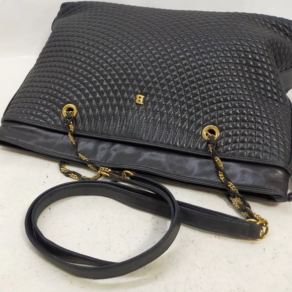 Authentic Bally Shoulder Bag  Black Leather with gold accent trim straps EUC - Picture 4 of 10